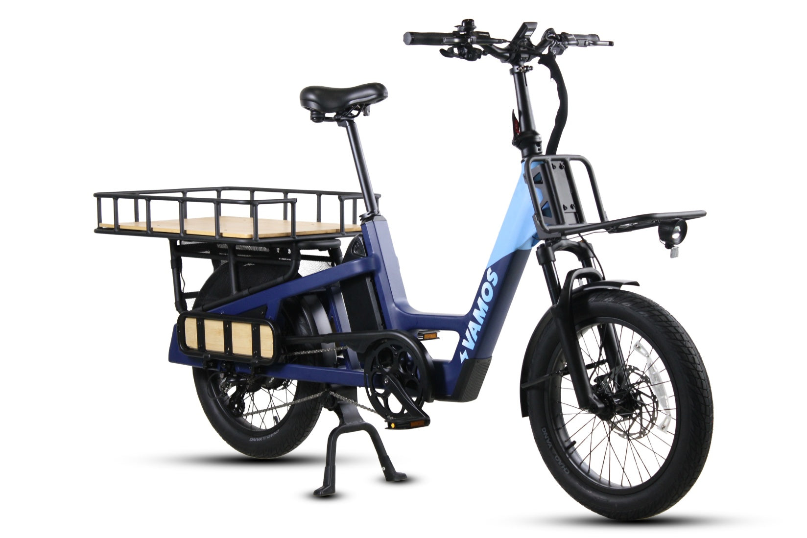 Blue electric bike with a cargo basket