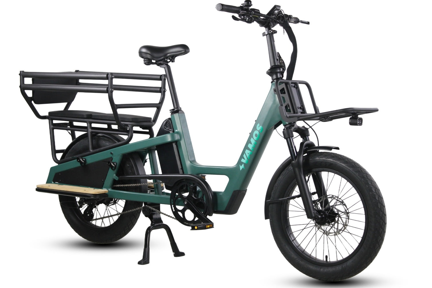 Green electric bike with a black seat and rear rack
