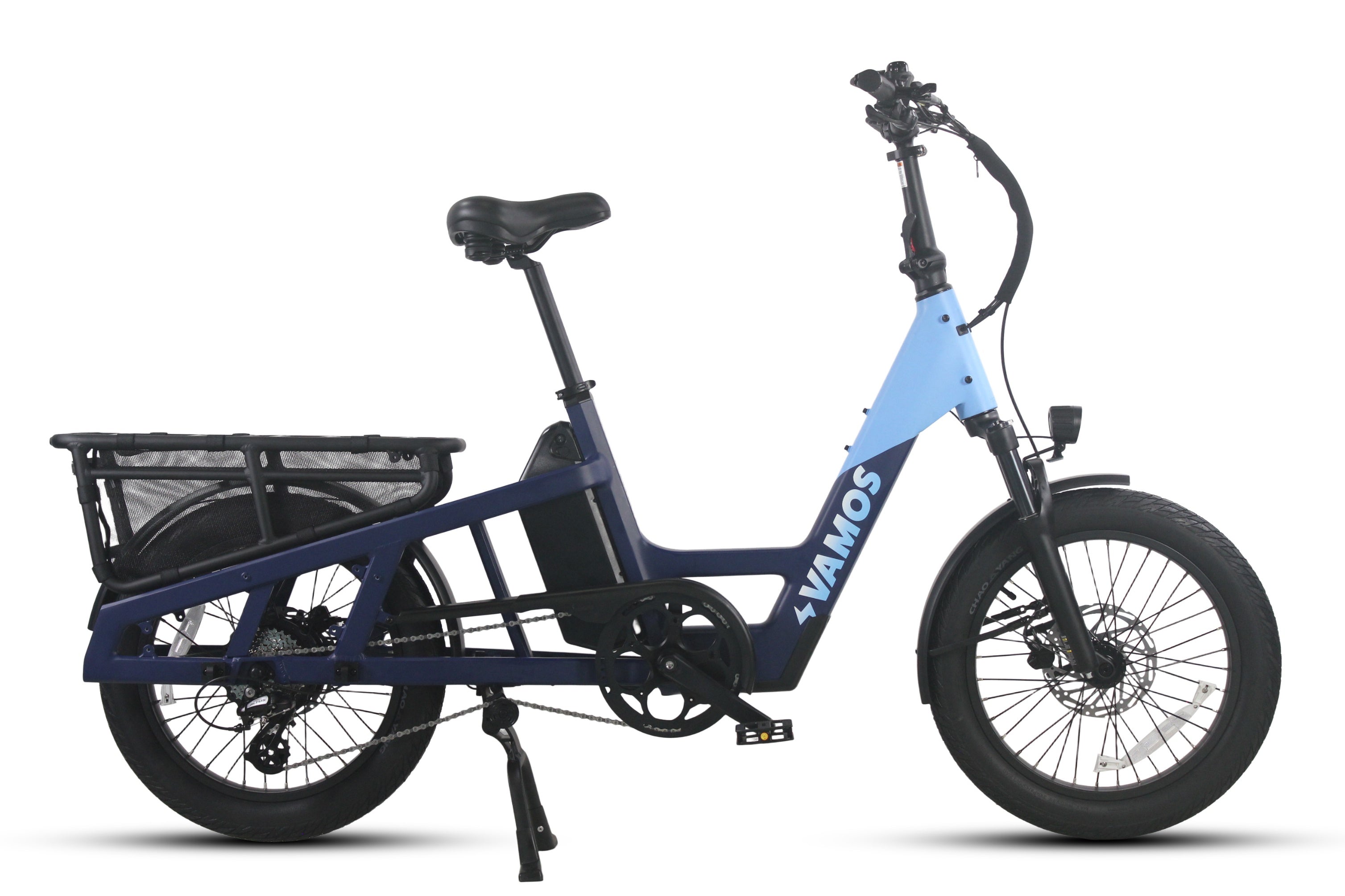 Vamos electric cargo bike with step-through frame and rear rack, side view on white background