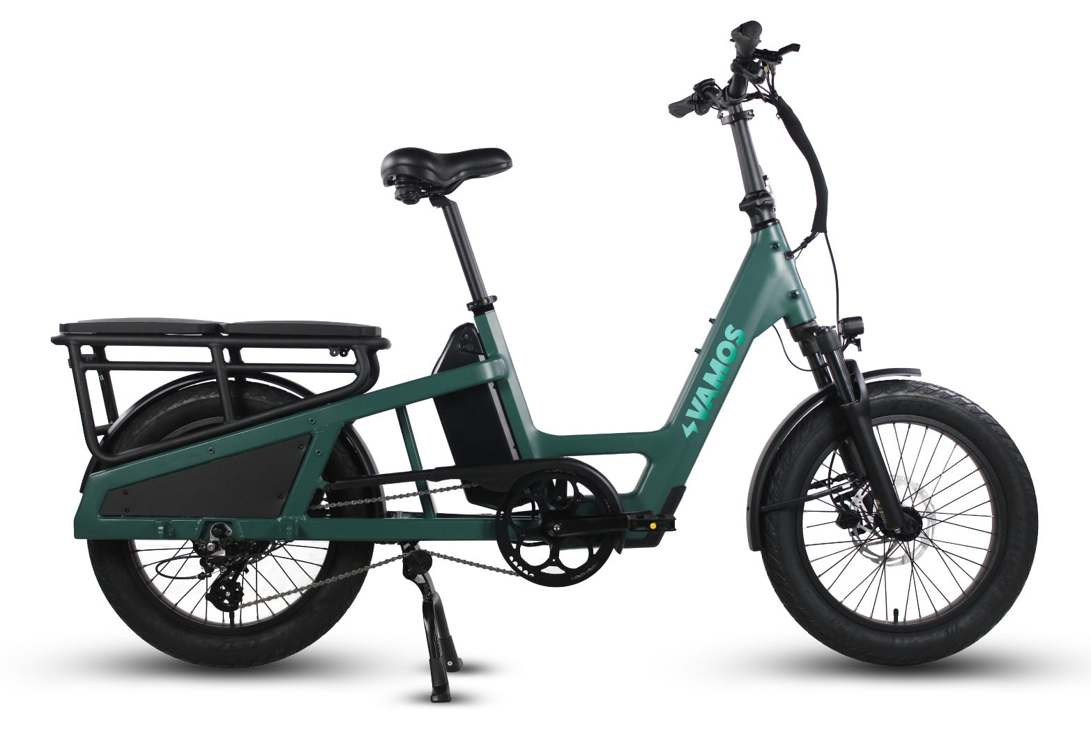 Green electric bike with a cargo rack 