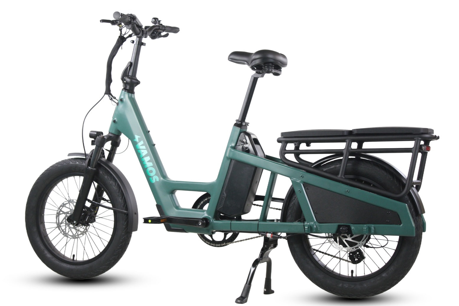 Green electric bike with a black seat and rear storage rack